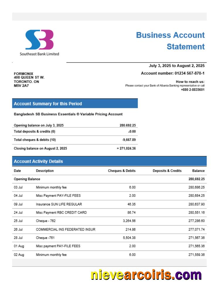 SB Bank business account statement